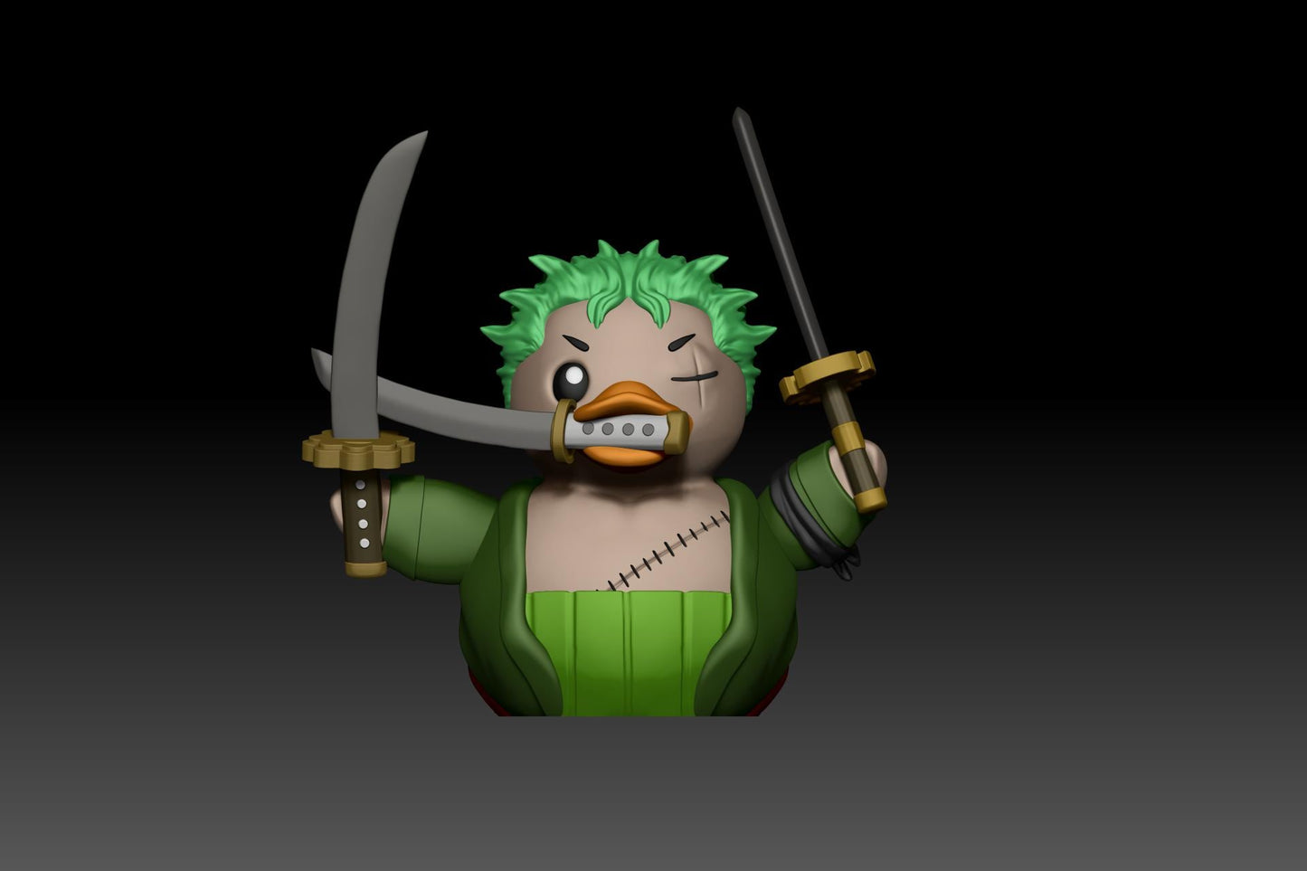 Green-Haired Swordsman Duck | 3D Printed Collectible Samurai-Inspired Duck | Triple Sword Warrior Duck Figurine