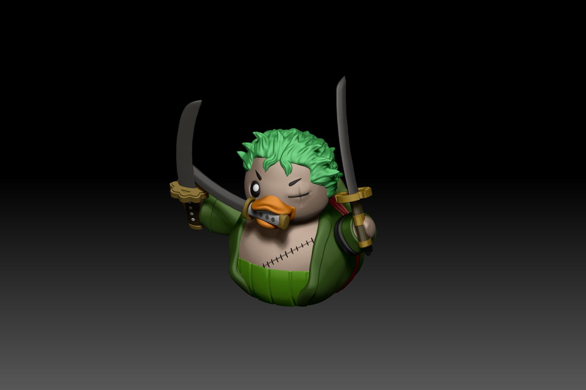 Green-Haired Swordsman Duck | 3D Printed Collectible Samurai-Inspired Duck | Triple Sword Warrior Duck Figurine